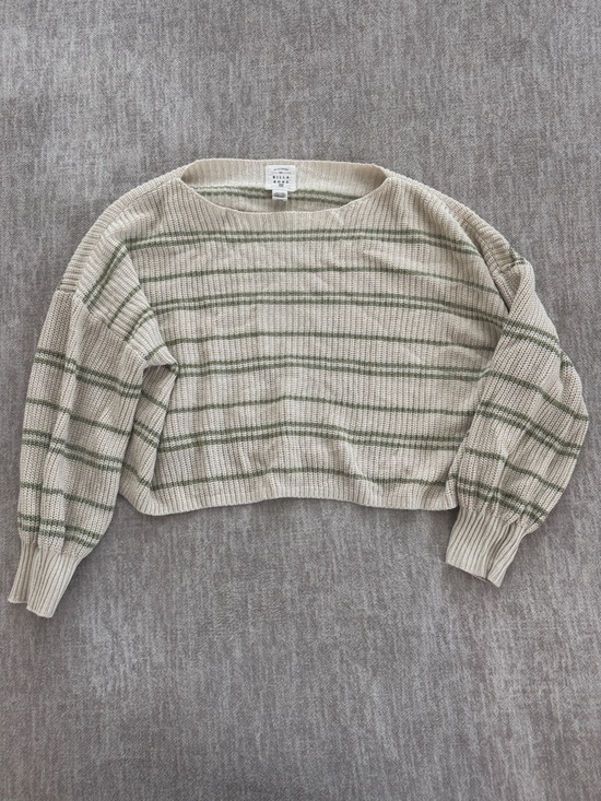 Billabong Sweaters - Billabong Cream Crewneck Sweater with Green Stripes